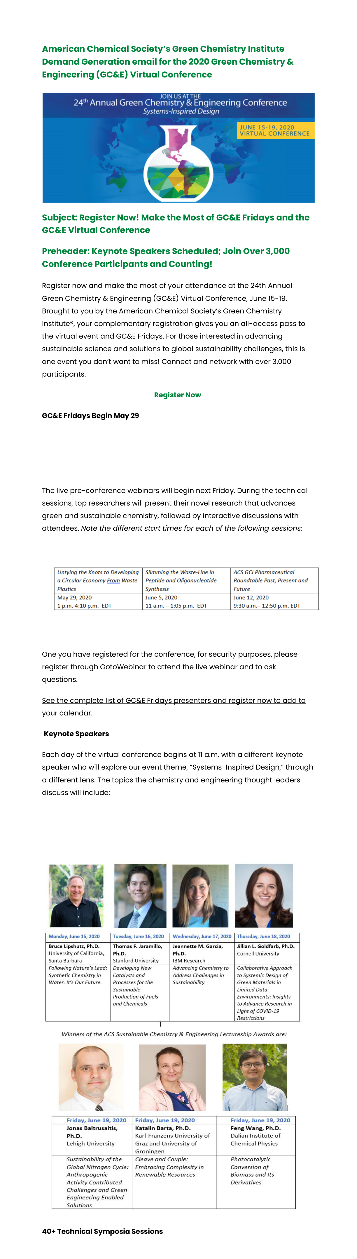 Full registration email for the 24th Annual Green Chemistry and Engineering Conference, part 1: header banner through networking sessions