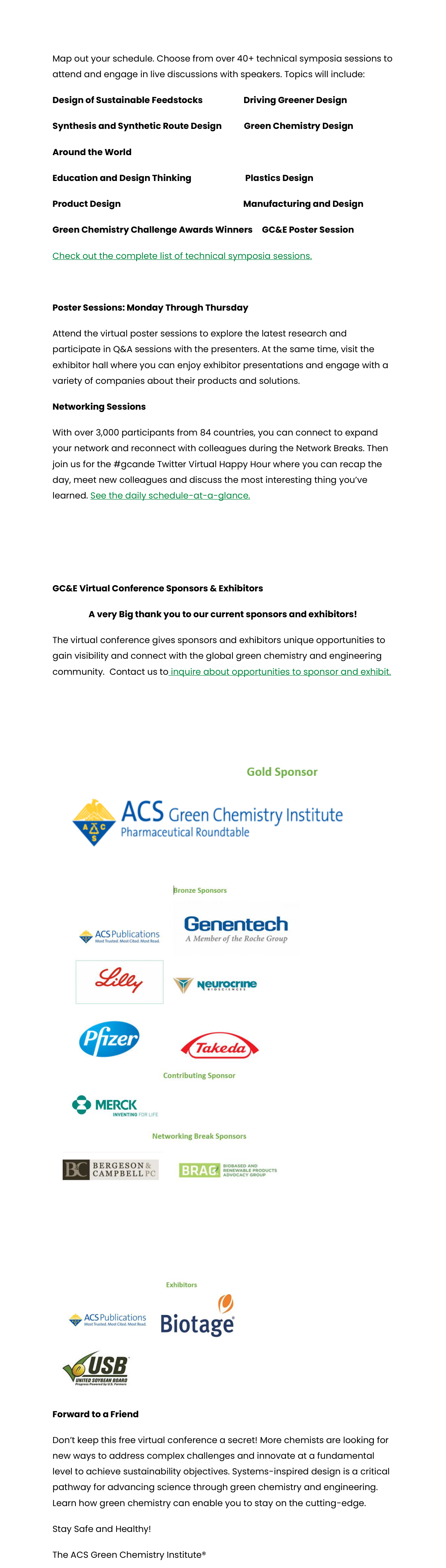 Full registration email for the 24th Annual Green Chemistry and Engineering Conference, part 2: sponsors, symposia call, exhibitors, and Forward to a Friend closing