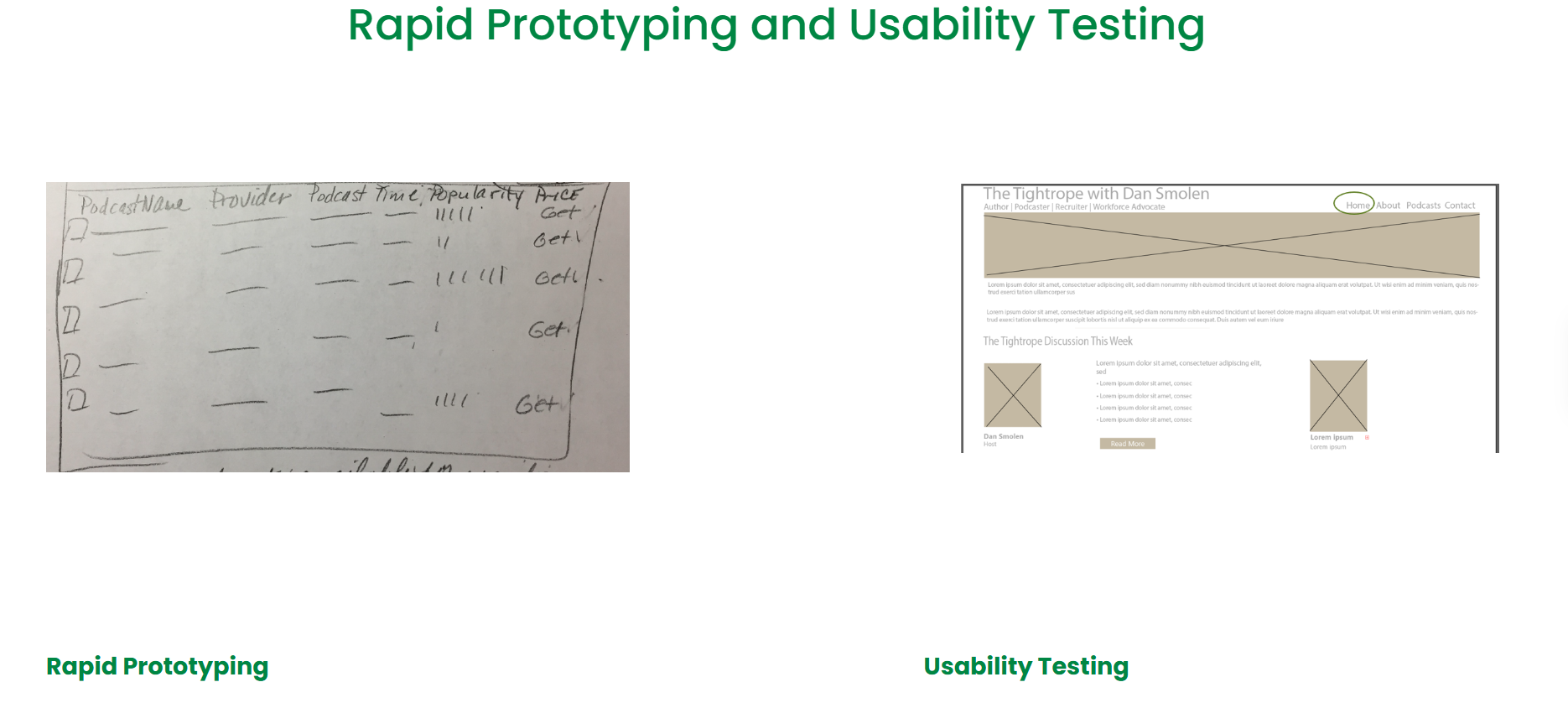 Rapid Prototyping and Usability Testing: handwritten low-fidelity comparison table and a revised wireframe of the existing website
