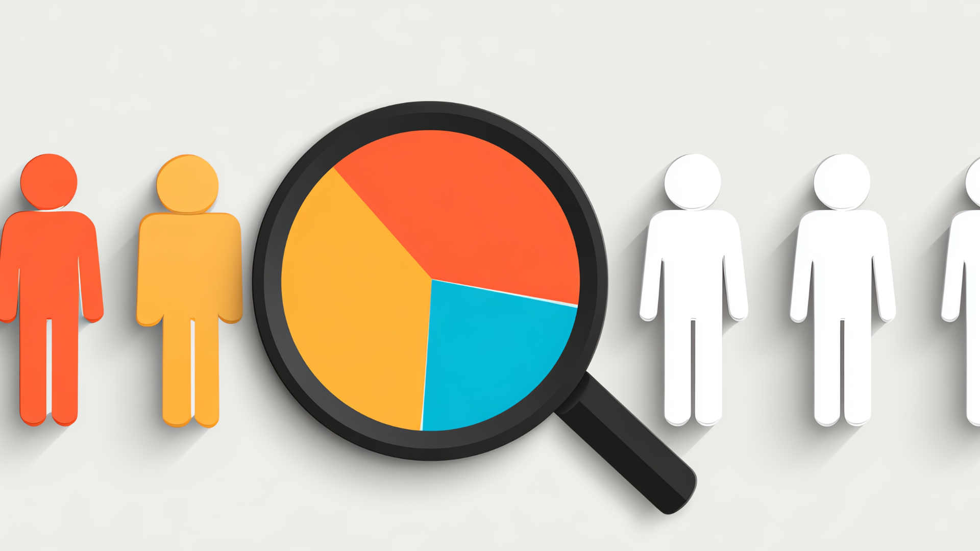 Segmented audience diagram with a magnifying glass over a pie chart, representing customer segmentation and targeting