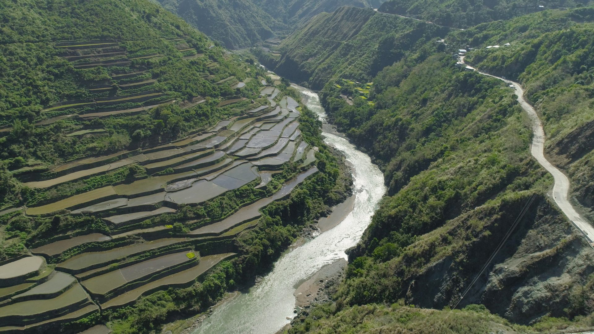 Aerial view of structured river terraces