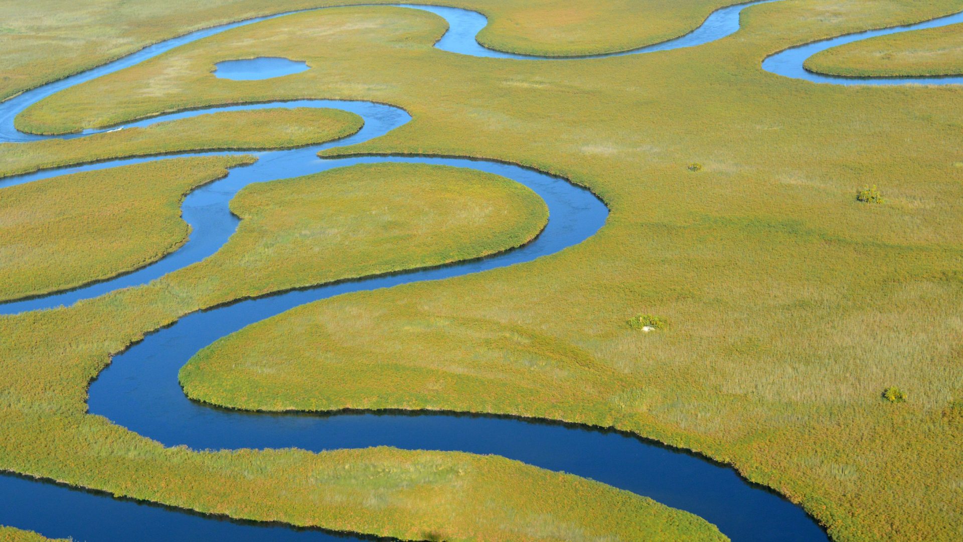 Aerial view of a meandering river through grassland